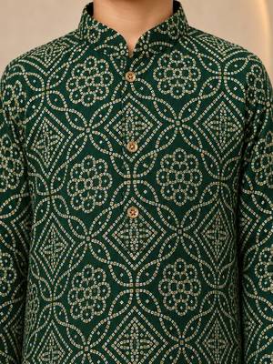 Boy's dark green rayon geometric print knee length kurta and pyjama set 2