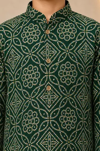 Boy's dark green rayon geometric print knee length kurta and pyjama set