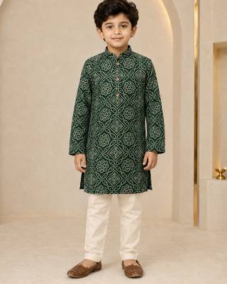 Boy's dark green rayon geometric print knee length kurta and pyjama set 3