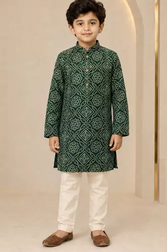 Boy's dark green rayon geometric print knee length kurta and pyjama set