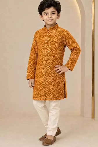Boy's mustard rayon geometric print knee length kurta and pyjama set
