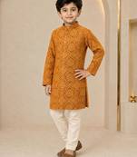 Boy's mustard rayon geometric print knee length kurta and pyjama set