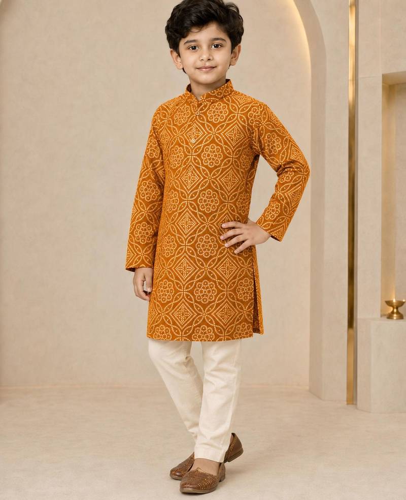 Boy's mustard rayon geometric print knee length kurta and pyjama set