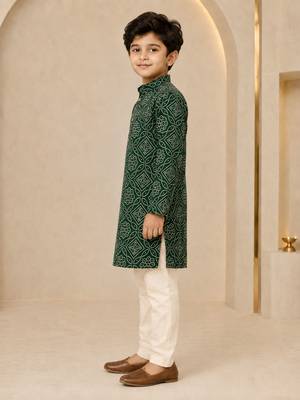 Boy's dark green rayon geometric print knee length kurta and pyjama set 4