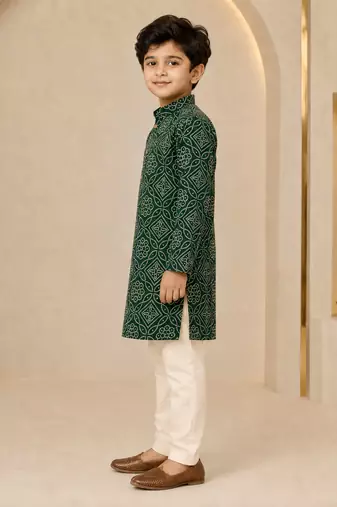 Boy's dark green rayon geometric print knee length kurta and pyjama set