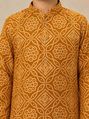 Boy's mustard rayon geometric print knee length kurta and pyjama set 2