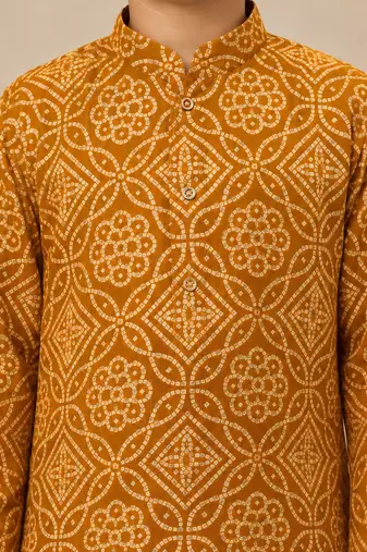 Boy's mustard rayon geometric print knee length kurta and pyjama set
