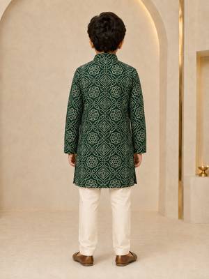 Boy's dark green rayon geometric print knee length kurta and pyjama set 5