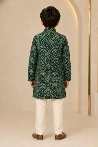 Boy's dark green rayon geometric print knee length kurta and pyjama set