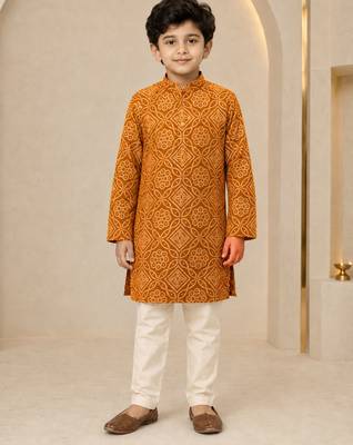Boy's mustard rayon geometric print knee length kurta and pyjama set 3
