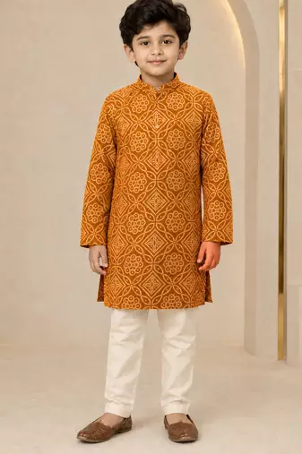Boy's mustard rayon geometric print knee length kurta and pyjama set