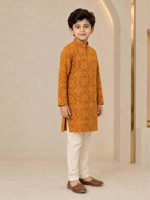 Boy's mustard rayon geometric print knee length kurta and pyjama set 4