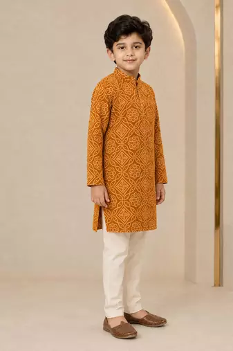 Boy's mustard rayon geometric print knee length kurta and pyjama set