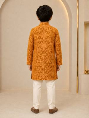 Boy's mustard rayon geometric print knee length kurta and pyjama set 5