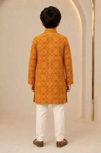Boy's mustard rayon geometric print knee length kurta and pyjama set