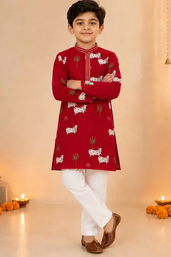 Boy's maroon cotton printed knee length kurta and pyjama set