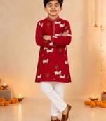 Boy's maroon cotton printed knee length kurta and pyjama set