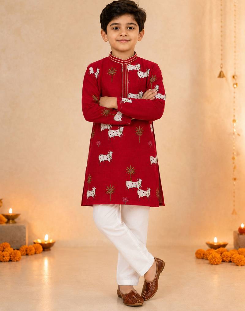 Boy's maroon cotton printed knee length kurta and pyjama set