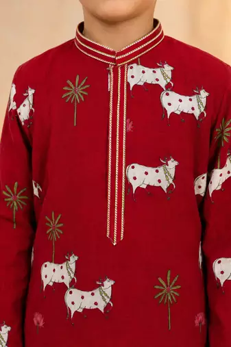 Boy's maroon cotton printed knee length kurta and pyjama set