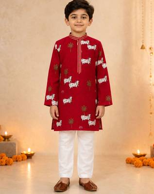 Boy's maroon cotton printed knee length kurta and pyjama set 3