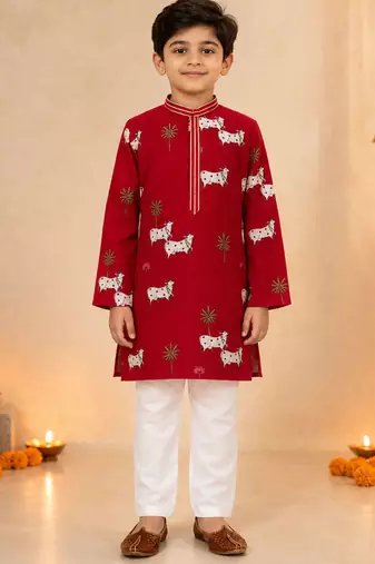 Boy's maroon cotton printed knee length kurta and pyjama set