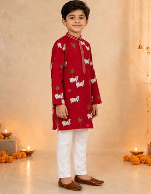 Boy's maroon cotton printed knee length kurta and pyjama set 4