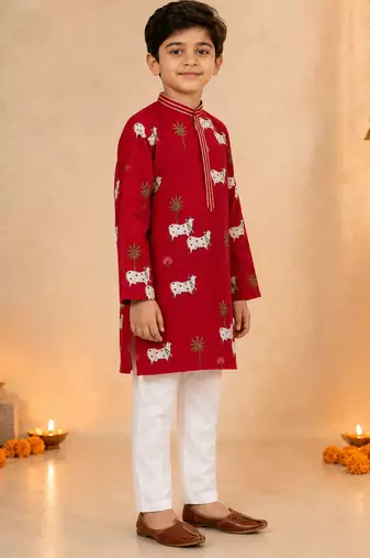 Boy's maroon cotton printed knee length kurta and pyjama set