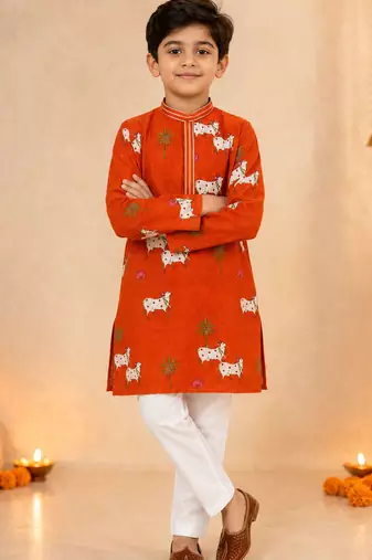 Boy's orange cotton printed knee length kurta and pyjama set