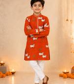 Boy's orange cotton printed knee length kurta and pyjama set