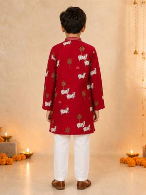 Boy's maroon cotton printed knee length kurta and pyjama set 5