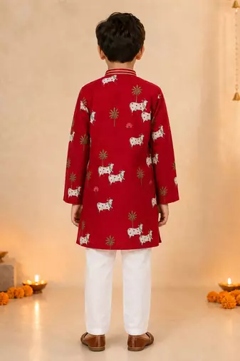 Boy's maroon cotton printed knee length kurta and pyjama set