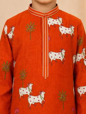 Boy's orange cotton printed knee length kurta and pyjama set 2