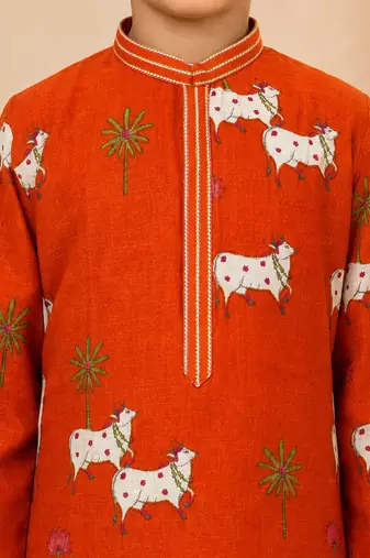 Boy's orange cotton printed knee length kurta and pyjama set