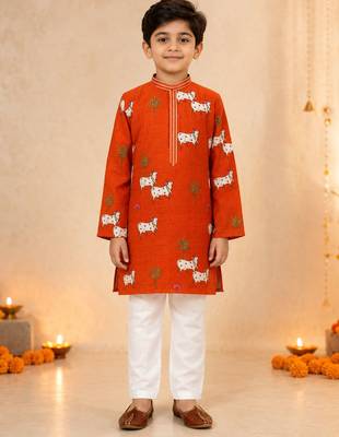 Boy's orange cotton printed knee length kurta and pyjama set 3