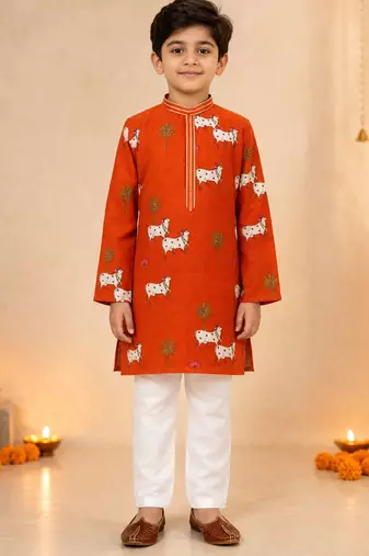 Boy's orange cotton printed knee length kurta and pyjama set