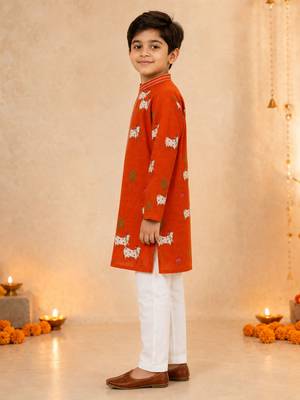 Boy's orange cotton printed knee length kurta and pyjama set 4