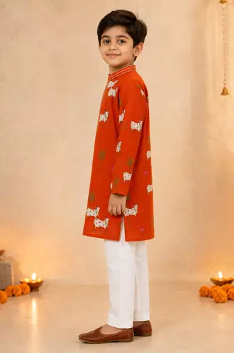 Boy's orange cotton printed knee length kurta and pyjama set