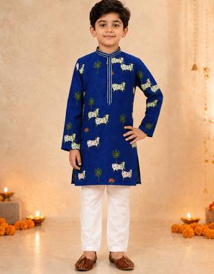 Boy's navy blue cotton printed knee length kurta and pyjama set 1