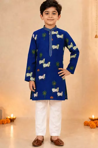 Boy's navy blue cotton printed knee length kurta and pyjama set