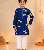 Boy's navy blue cotton printed knee length kurta and pyjama set