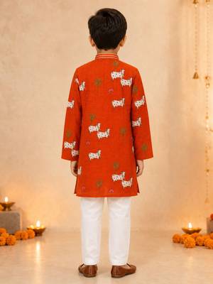 Boy's orange cotton printed knee length kurta and pyjama set 5