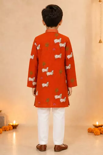 Boy's orange cotton printed knee length kurta and pyjama set