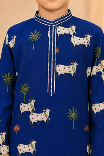 Boy's navy blue cotton printed knee length kurta and pyjama set