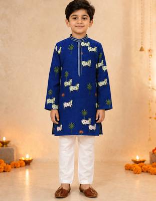 Boy's navy blue cotton printed knee length kurta and pyjama set 3