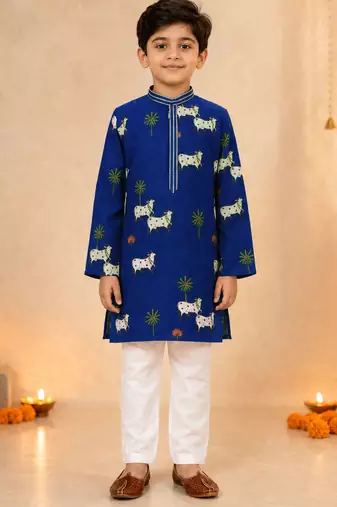 Boy's navy blue cotton printed knee length kurta and pyjama set