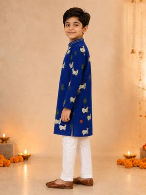 Boy's navy blue cotton printed knee length kurta and pyjama set 4