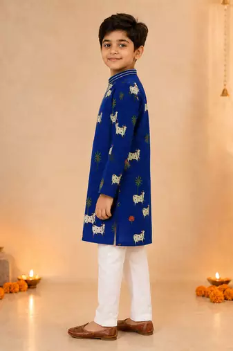 Boy's navy blue cotton printed knee length kurta and pyjama set