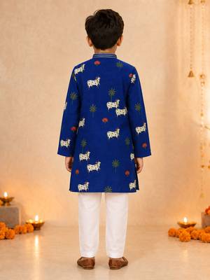 Boy's navy blue cotton printed knee length kurta and pyjama set 5