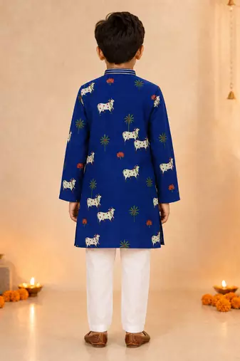 Boy's navy blue cotton printed knee length kurta and pyjama set