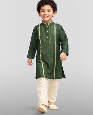 Boy's dark green silk blend embroidered knee length kurta and pyjama set 1
